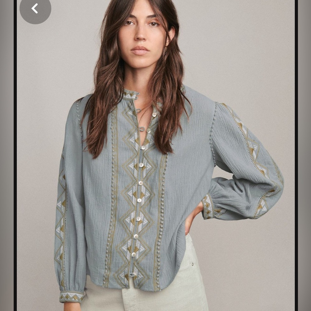 Wrap London Embroidered Linen Cotton Blouse, dusty blue, size 2